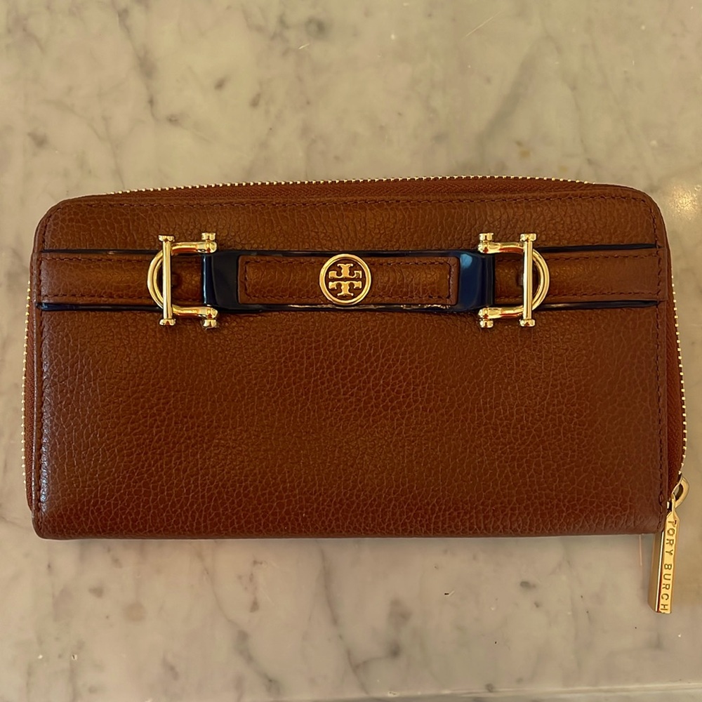 Tory Burch Brown/Navy Horsebit Leather Wallet with Gold Accents